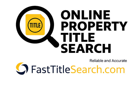 Online property title search graphic showing title document and magnifying glass by FastTitleSearch.com