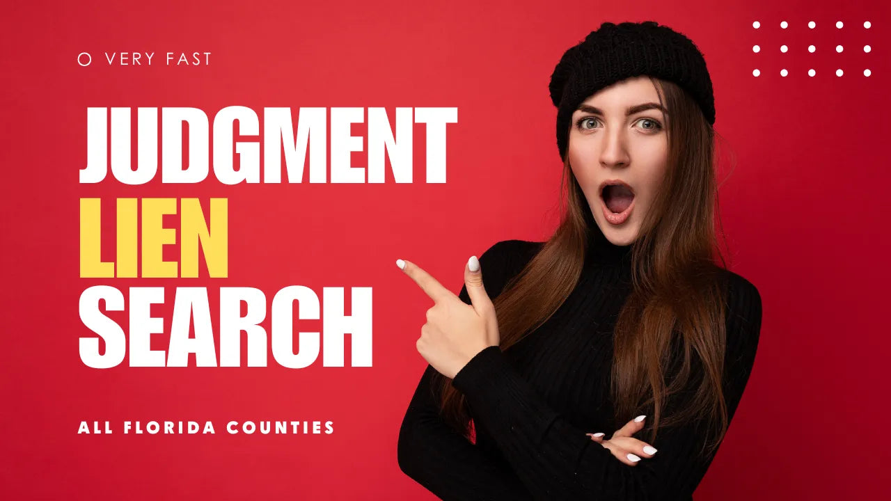 Woman pointing to text about judgment lien search services on a red background