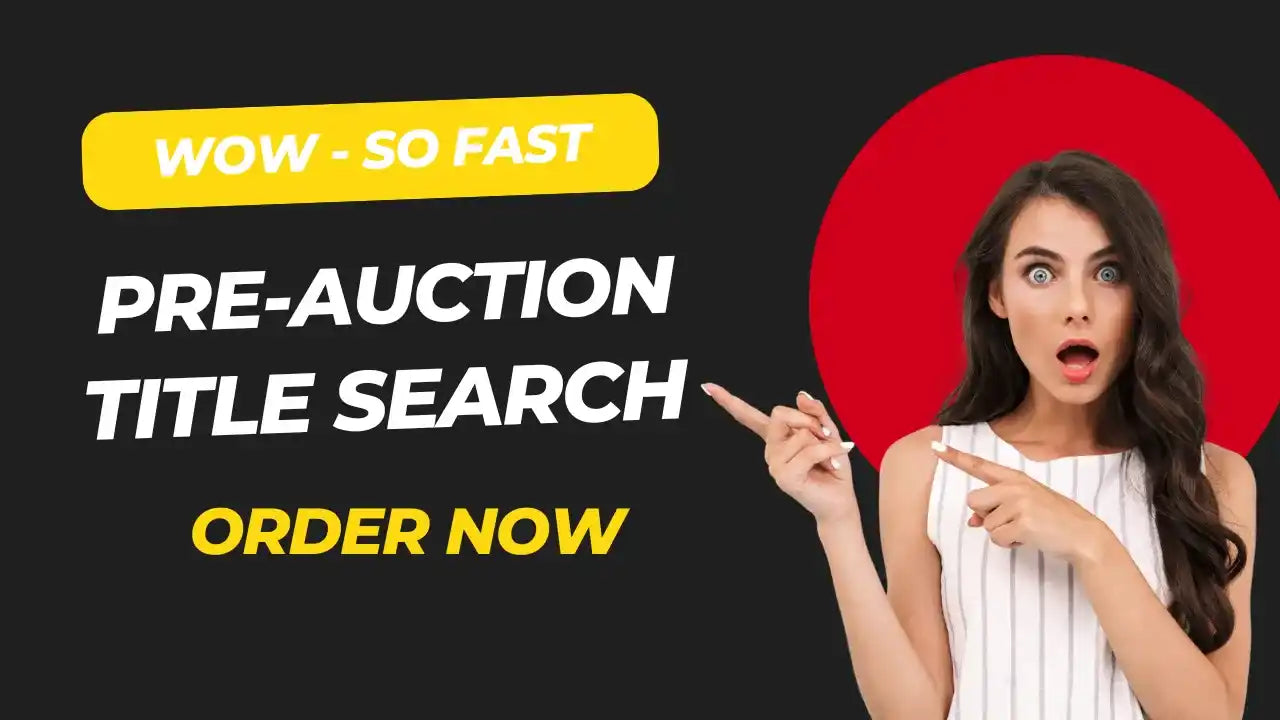 Advertisement banner for pre-auction title search services with yellow and white text on a dark background.