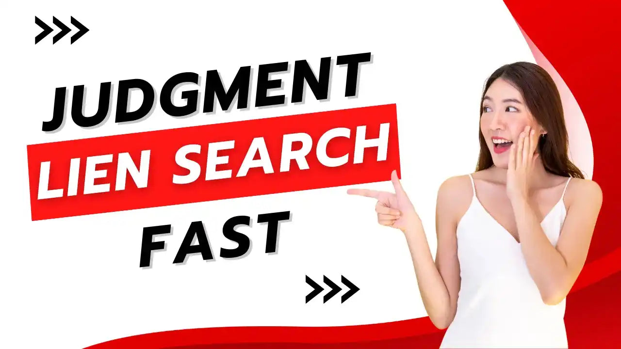 Advertisement for judgment lien search services with bold text and a person gesturing beside it.