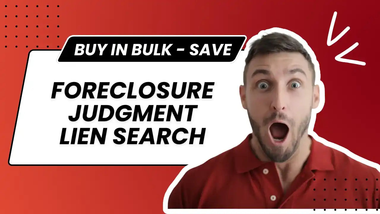 Marketing graphic for a foreclosure judgment lien search service with text and a person expressing surprise.