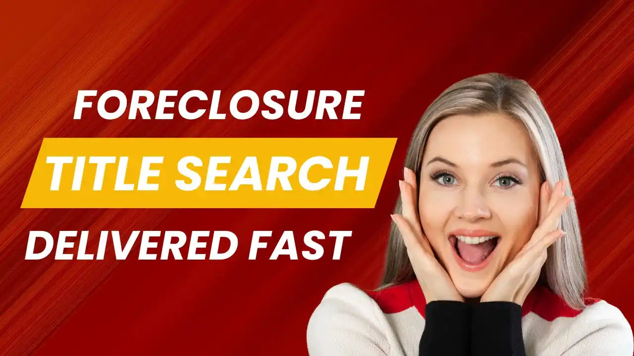 A promotional advertisement for foreclosure title search services featuring an enthusiastic person in a red and white outfit.