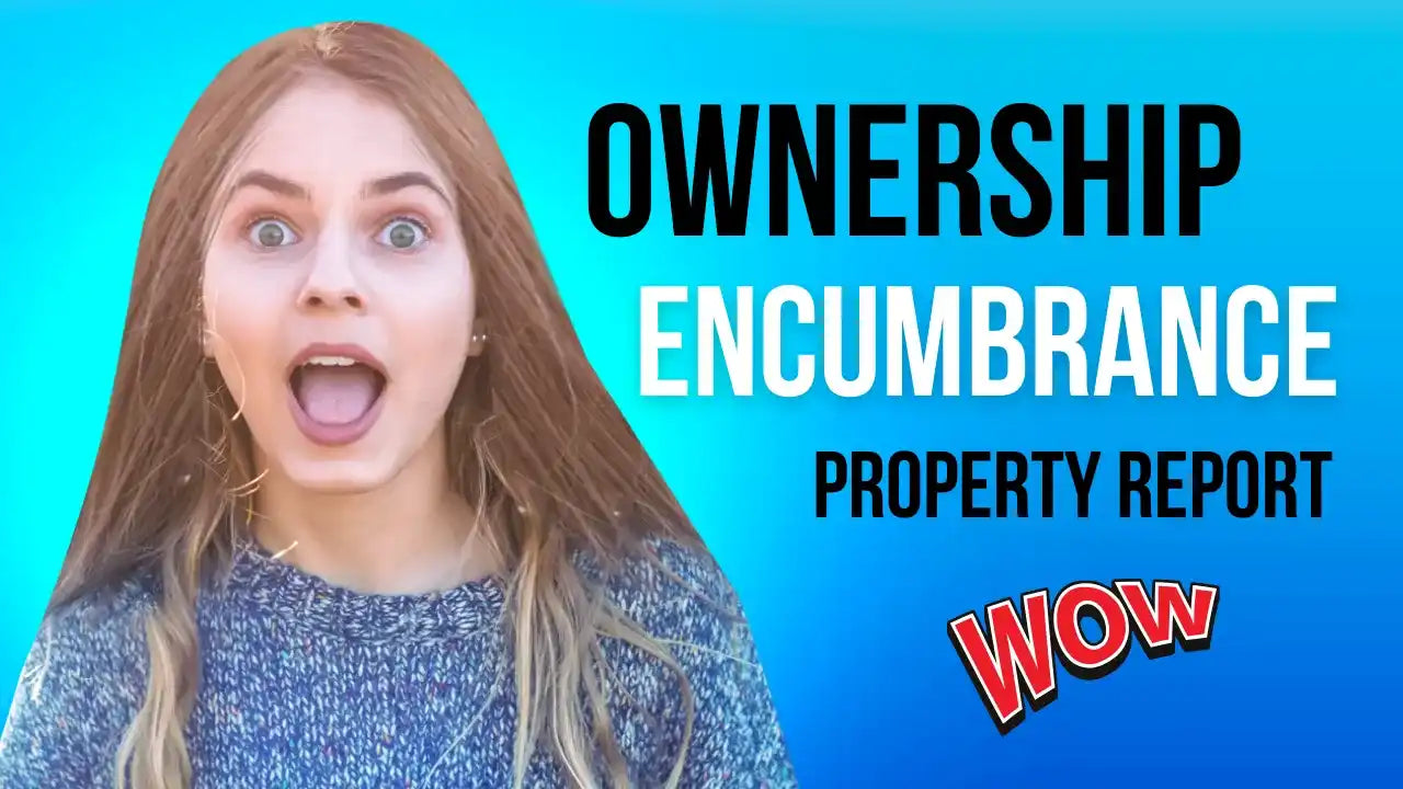 Promotional thumbnail for a property report about ownership encumbrance with an excited expression in the foreground.