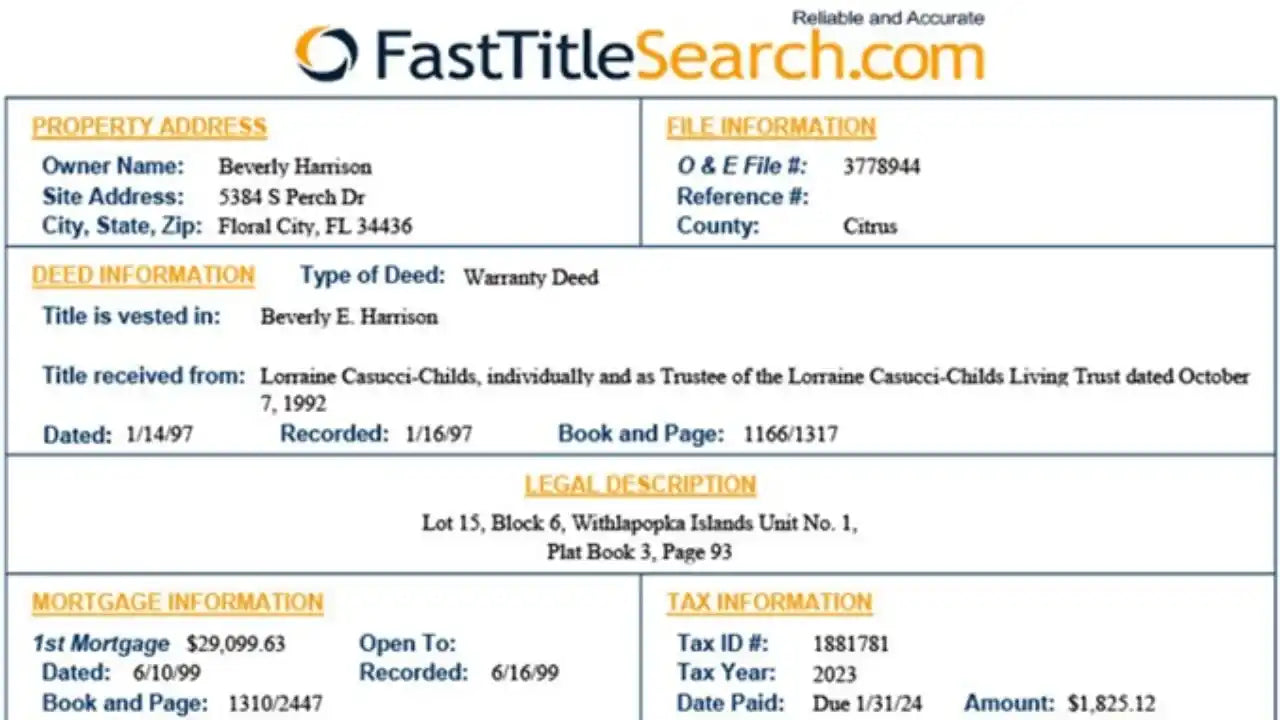 Property deed or title document from FastTitleSearch.com showing ownership and tax information.